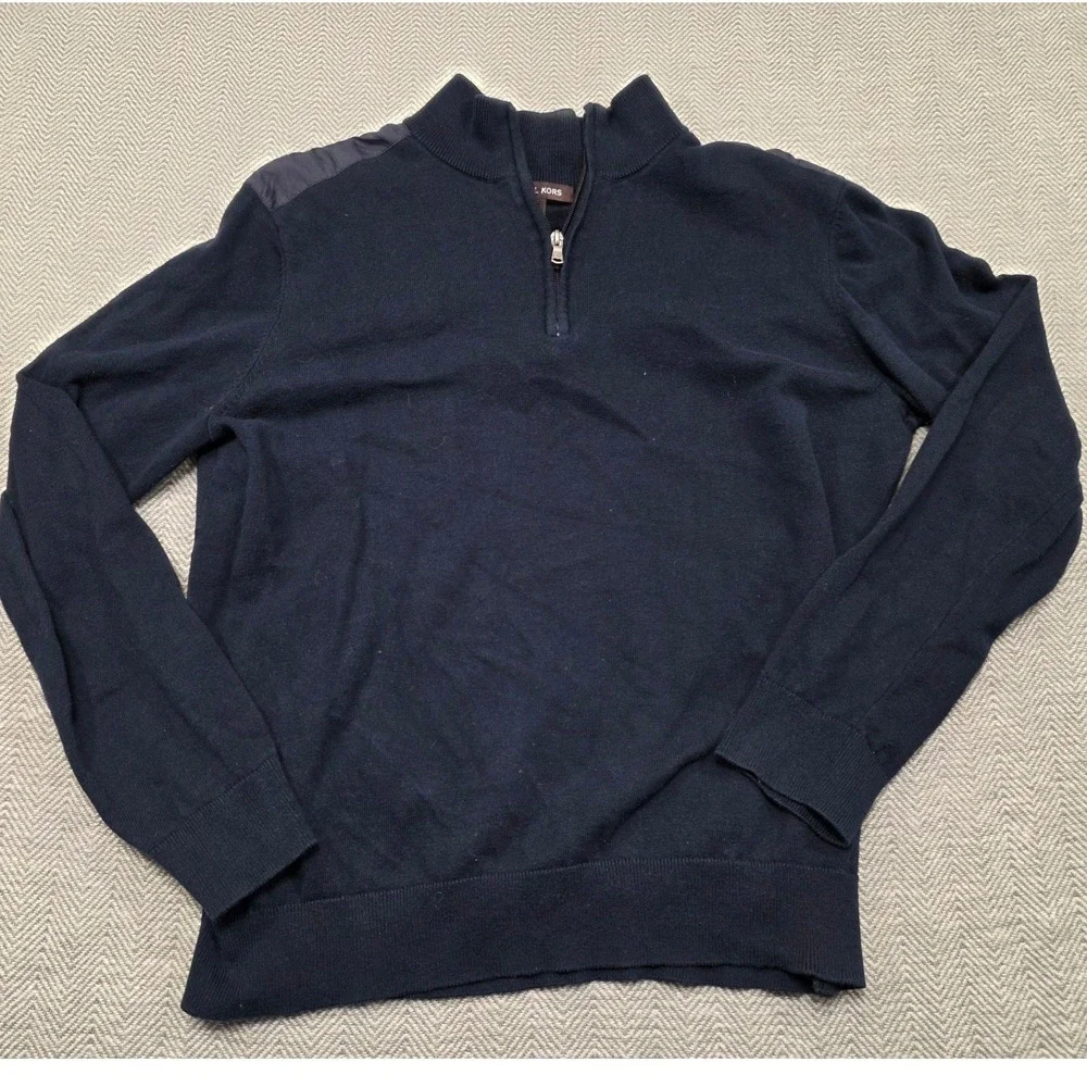Michael Kors Mens Navy Blue Quarter Zip Sweater Nylon Shoulder Patches Large